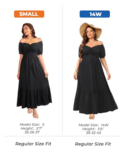 Image of Plus Size Sun Dresses Women - Summer Off the Shoulder Puff Sleeve A Line Boho Maxi Flow Long Dress 2025