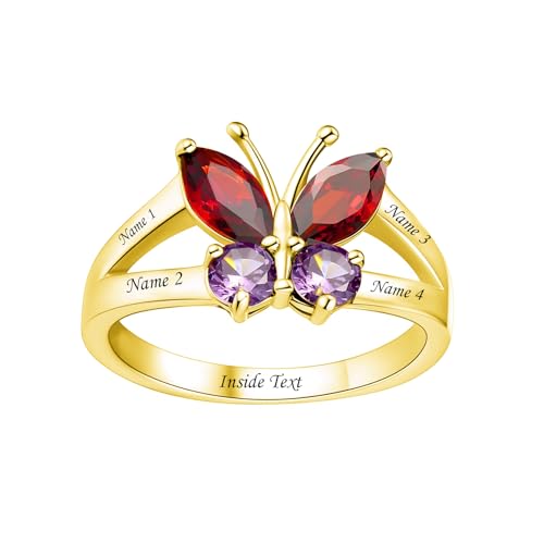 10K 14K 18K Gold Personalized Birthstone Butterfly Rings for Women Customized Birthstone Engraved Name Ring Mother's Day Birthday Christmas Gift Anniversary Ring for Her Size 4-15