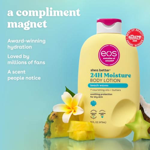 Image of eos Shea Better Body Lotion Beach Waves, 24-Hour Moisture Skin Care, Lightweight & Non-Greasy, Natural Shea Butter, Vegan, Beachy Coconut Scent, Moisturizing Body Lotion for Dry Skin, 16 fl oz