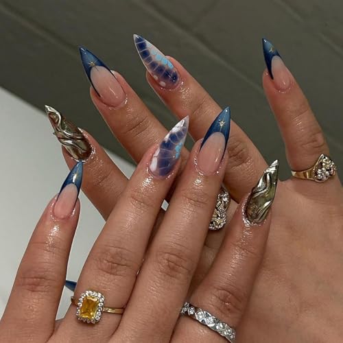 Image of Stiletto Press on nails French Tip Fake Nails with 3D Line Design Bronze Colour Glue on Nails Star Stick on Nail Artificial Acrylic Full Cover Medium Blue False Nail for Women Manicure 24Pcs
