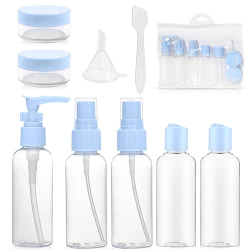 9 Pcs Travel Bottle for Toiletries Set 50 ML Empty Refillable Small Mini Empty Plastic Pump Bottles Spray Bottles Squeeze Bottles with Funnels for Travel or Cosmetic with Storage Bag