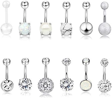 Masedy 12Pcs Belly Button Rings for Women Girls Surgical Steel Curved Navel Barbell Rings Body Piercing Jewelry Silver