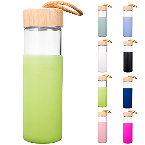 glass water bottle 20 oz borosilicate with bamboo lid and silicone sleeve â BPA free (Green)