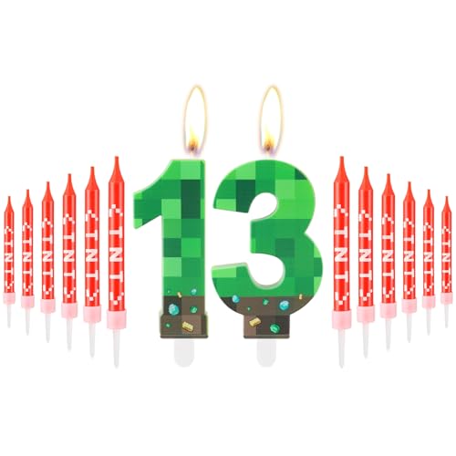 iNINGER Green Number 13 Candle,Pixel Birthday Cake Candle Decoration Green TNT Print Themed Birthday Candles Numeral Birthday Cake Topper for Boy Girl Pixel Game Party Decoration Supplies