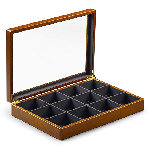 Oirlv 12 Grids Vintage Solid Wood Jewelry Box Microfiber Lining Earrings Bracelets Necklace Storage Jewelry Drawer Organizer Tray with Glass Top Lid