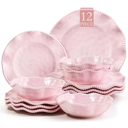 Image of Pink Melamine Dinnerware Sets for 4,Scalloped Plates and Bowls Set with Beaded Edge, BPA Free Dishwasher Safe, Heavy Duty Shatterproof Unbreakable Tableware for Wedding Party Camping Outdoor