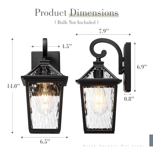 Image of zeyu 2 Pack Outdoor Wall Lamp Lights, Medium Porch Lights Outdoor Wall for House Patio, Die-Cast Aluminum with Water Ripple Glass, Black Finish, ZX58B-2PK-SW BK