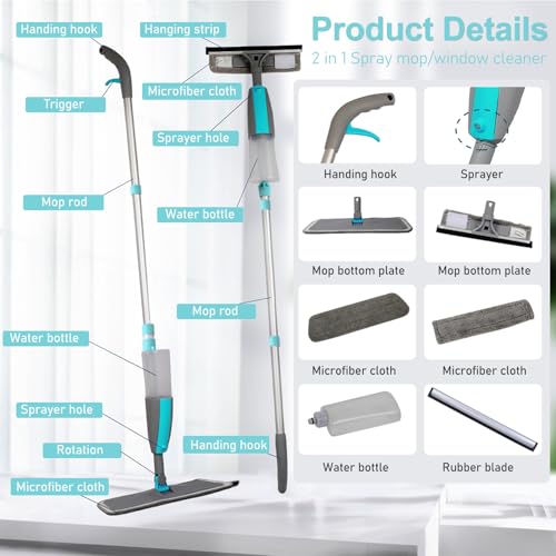 Wiseten 2 in 1 Fensterputzer und Bodenwischer mit Sprühfunktion, Professioneller Fensterwischer mit Teleskopstiel für hohe Fenster, Wischmopp Spray Floor Mop Sprühwischer für die Bodenreinigung – Bild 5