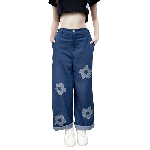 Unisex Wide Leg Jeans High Waisted Denim Pants with Stretchy Waist and Floral Fabric Patch2