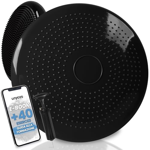 unycos - Cuscino Propriocettivo per Riabilitazione e l'Equilibrio Ø34 cm【Include Pompa | Esercizi E-Book】Disco Ortopedico Gonfiabile, Balance Board per Postura, Allenamento, Fitness (Nero; Basic)