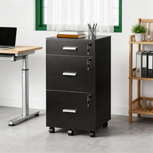 Miniatura 7 de Devaise Archivador De 3 Cajones Con Cerradura, Mueble Bajo Escritorio En Madera Con Ruedas Para Documentos A4 Carta, Negro Moderno Para Hogar Oficina
