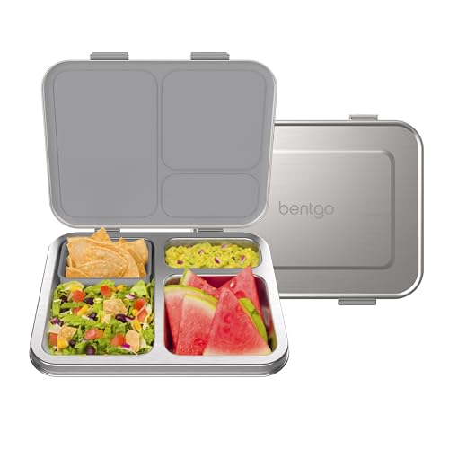 Bentgo Kids Stainless Steel Leak-Resistant Lunch Box - 3-Compartments with Bonus Silicone Container, Durable, Eco-Friendly, Dishwasher Safe, BPA-Free, Ideal for School, Ages 3+ (Silver)