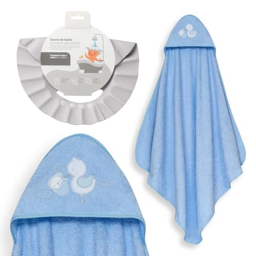 Interbaby - Capa de Baño Bebé + Gorro Ajustable | Toalla con Capucha 100% Algodón, Unisex | Suave, Secado Rápido | Ideal para Recién Nacidos, Bebes y Niños Pequeños | Diseño Cigüeña Oso