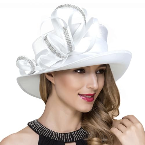 Ruphedy Women Derby Church Hat Elegant Tea Party Dress Wedding Hat with Rhinestones (SD718-White)
