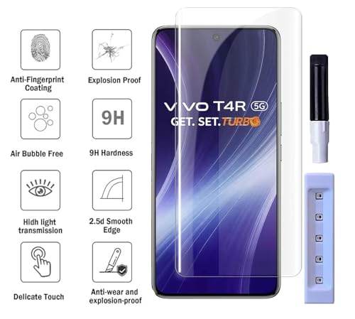 Image of FabeKee Premium HD+ UV Tempered Glass Screen Protector For Vivo T4 Pro 5G (6.77 Inch, Pack of 1) Full Adhesive UV Curved Screen Protector Case Friendly HD Clarity with installation kit & Guide