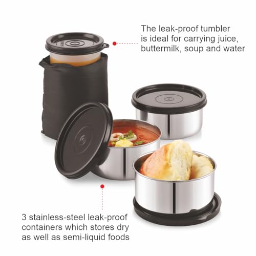 Image of MODWARE Happy Meal Stainless Steel Lunch Box Set with Leakproof Containers, Insulated Carry Bag, and Juice Tumbler - Perfect for Office, School, and Travel (Black)