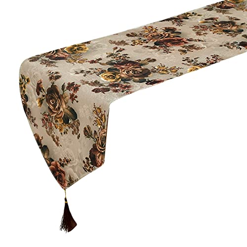 Image of Kuber Industries Flower Design Cotton Table Runner|Patios for Family Dinner|Office /Kitchen Table|Indoor Or Outdoor Parties & Everyday Use|Size 188 X 33 Cm(Brown) Large