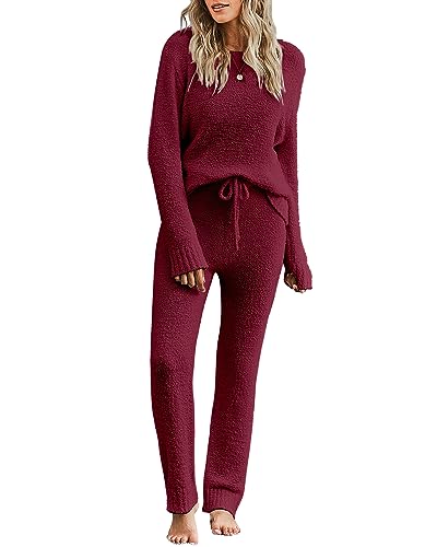 luvamia Women's Casual Pajama Set Fuzzy Fleece Knitted Long Sleeve Pj Loungewear