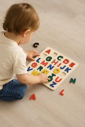 Image of Wooden Alphabet Puzzle Board A to Z | Educational Learning Toy for Kids | Uppercase Letter Recognition, Fine Motor Skills & Early Learning Montessori Toy for Toddlers & Preschoolers
