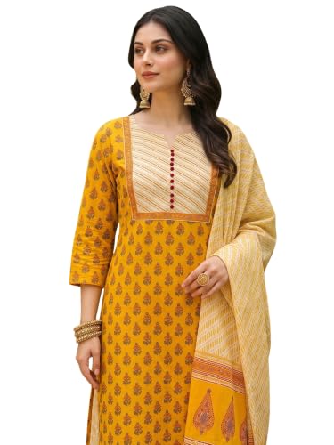 Image of Vaamsi Women's Rayon Blend Ethnic Motifs Printed Straight Kurta Palazzo With Dupatta (VKSKD1042 Yellow XL)