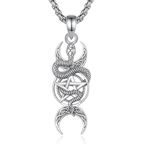 CELESTIA Collier Wicca Pentacle Pentagramme Triple Lune Serpent Lilith Pendentif Argent 925, Bijou Spirituel Unique pour Sorcière, Original Cadeau pour...