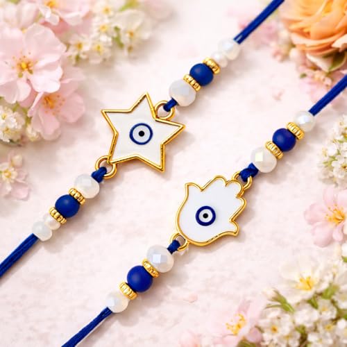Image of Riddhika Ventures Elegant Evil Eye Rakhi for Protection from Negative Energy (Set Of 2) With Roli Chawal And Greeting Card (R1S1)