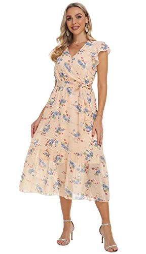 Image of VintageClothing Womens Sundress Casual Floral Summer Boho Dress | Flowy Wrap V Neck Ruffle A-Line Pleated Hem Midi Dresses