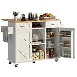 knoworld 51.5'' Rolling Kitchen Island with Storage Cabinet & Drawers, Drop Leaf Kitchen Cart on Wheels, Farmhouse Portable Mobile Islands, Large Butcher Block Table with Tower/Spice Rack, White