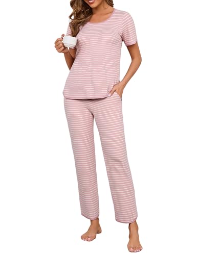 Image of Womens Pajama Sets Cotton 2 Piece Lounge Set Stripe Short Sleeve Pj Set Comfy Loungewear Sleepwear with Pockets