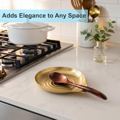 Image of VanlonPro Stainless Steel Spoon Rest, Spatula Ladle Holder, Stainless Steel Utensil Spoon Rest Holder, Brushed Finish, Dishwasher Safe 5.9 x 5.1 Inch (Round Swril Gold 1PC)