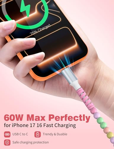 Image of USB C to USB C Cable 6FT,60W Beaded Charger Cord Fast Charging for iPhone 17 16 15 Pro Max /iPad Pro Air 11th for Samsung S26 S25 S24 Ultra S23 A16 /Android Phone Charger Cord Cute Girl Women,Pink-Green