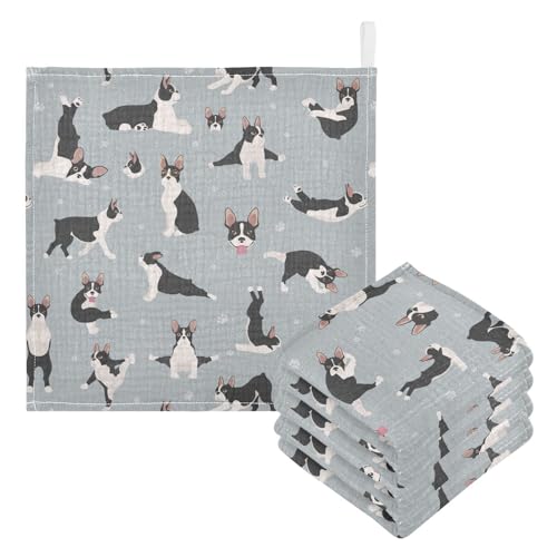 Image of vvfelixl Boston Terrier Baby Burp Cloths Baby Muslin Washcloths for Boys Girls Cotton Baby Face Towel for Newborn Infants Soft and Absorbent 11.8 X 11.8 in, 5 Pack