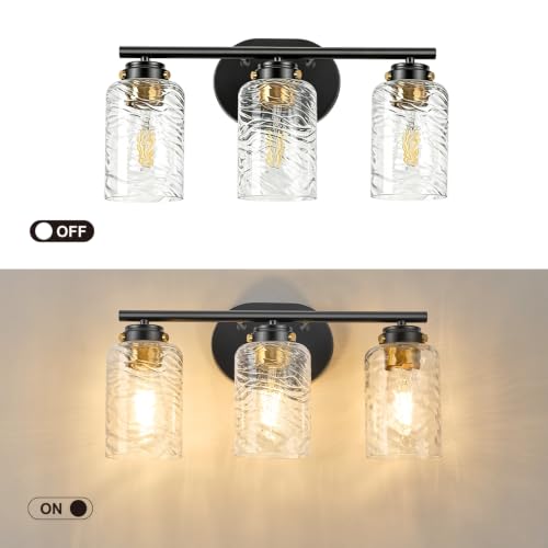 Image of 3-Light Bathroom Light Fixtures, 18 Inches Black Gold Vanity Light | Thick Water Ripple Clear Glass, Bathroom Wall Lamp for Mirror, Rust-Proof, Up /Down Mount, ETL Certified, E26 Ceramic Sockets