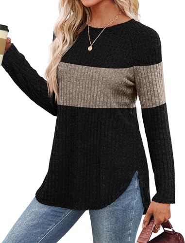 Image of Saloogoe Long Sleeve Shirts for Women 2025 Fall Clothes Tunic Tops Loose Fit Dressy Crewneck Pullover Sweaters Curved Hem