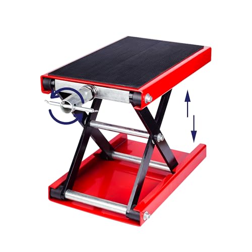 Image of Motorcycle Lift Scissor Jack, Motorbike Jack with 1100lb Capacity Wide Deck Motorcycle Center Stand, Steel Scissor Jack for Street Bikes, Cruiser Bikes, Touring Motorcycles, Red