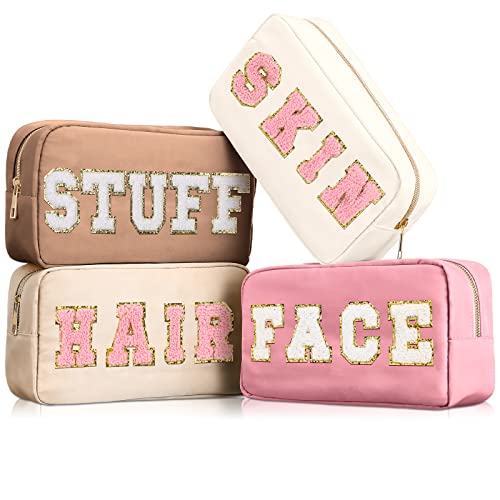 Cunno Preppy Makeup Bags Chenille Letter Stuff Bag Nylon Cosmetic Pouch Cases with Zipper for Women Travel Toiletry(Multi Colors Classic 4 Pcs)