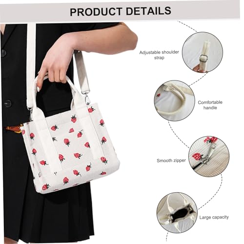 Bolso tote de pana de 8,27 x 7 pulgadas, bolso pequeño con diseño de fresa, con correa ajustable para hombro, bolso cruzado con cremallera para mujer miniatura 7