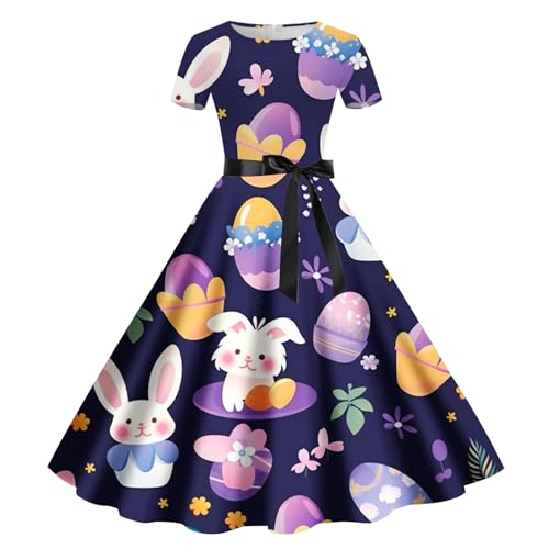 Robe Pâques imprimée rétro à col rond pour vos déjeuners de printemps en famille