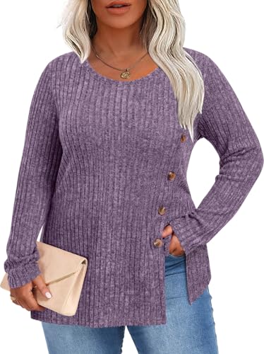 Image of HOTGIFT Womens Plus Size Sweater Tops Long Sleeve Crewneck Casual Tunic Shirts Buttons XL-5XL Blouse Soft Comfy Fashion