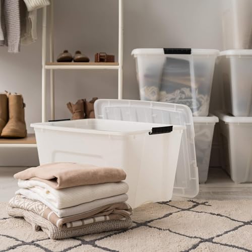 Image of IRIS USA 54 Quart Stackable Plastic Storage Bins with Lids and Latching Buckles, 6 Pack - Pearl, Containers with Lids and Latches, Durable Nestable Closet, Garage, Totes, Tubs Boxes Organizing