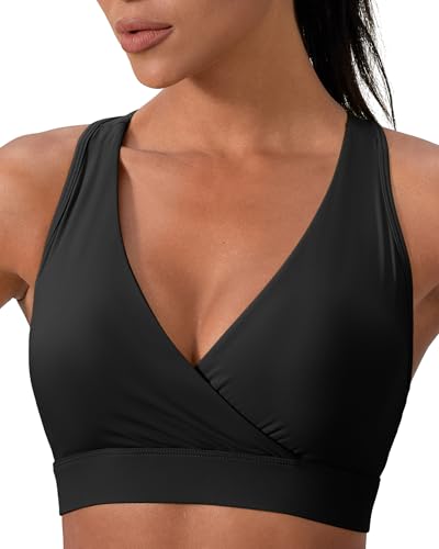 Women's Sports Bra, Medium Impact Racerback Workout Top, Nylon Spandex Blend Scoop or V Neck Tank Top
