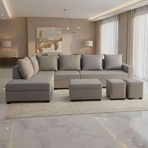 Image of FURNY Gloria 8 Seater Fabric LHS L Shape Sofa Set with 1 Centre Table & 2 Puffy (Light Grey) Premium Velvet Finish | Ideal of Living Room