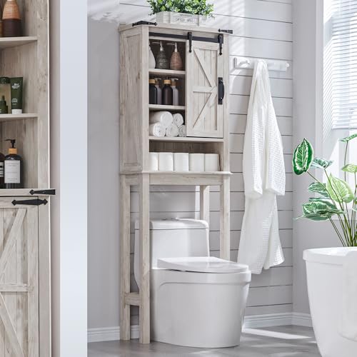 Image of OKD Over The Toilet Storage Cabinet, Farmhouse Storage Cabinet Over Toilet with Sliding Barn Door & Adjustable Shelves, Home Space Saver for Bathroom, Living Room, Antique Brush White