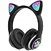 Cuffie Bluetooth per Bambini con Orecchie da Gatto, Woukksy Pieghevole Wireless Cuffie con Luci a LED e Microfono, Over-Ear Cuffie per Ragazza/Ragazzo, Adatto per L'apprendimento/ Viaggio -Nero