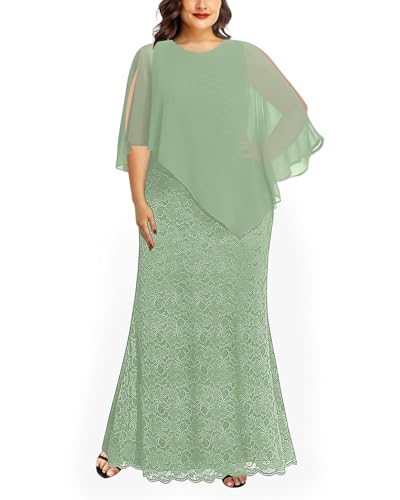 Image of Women's Plus Size Cape Dress with Chiffon Overlay Gown Formal Evening Lace Long Mermaid Dresses 2024