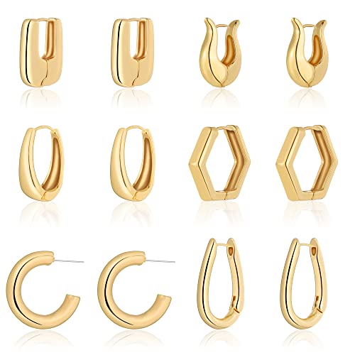 Wgoud Gold Hoop Earrings for Women, Chunky Lightweight Twisted Open Hoops Earring Set, Hypoallergenic Thick Huggie Hoop Earrings for Women Girls., Brass, No Gemstone