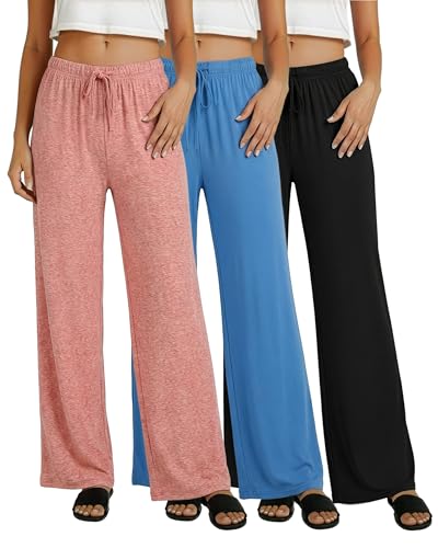 Image of Real Essentials 3 Pack: Women's Soft Palazzo Pants - Wide Leg Yoga Casual Loungewear Pajama Pj Bottoms (Plus Available)