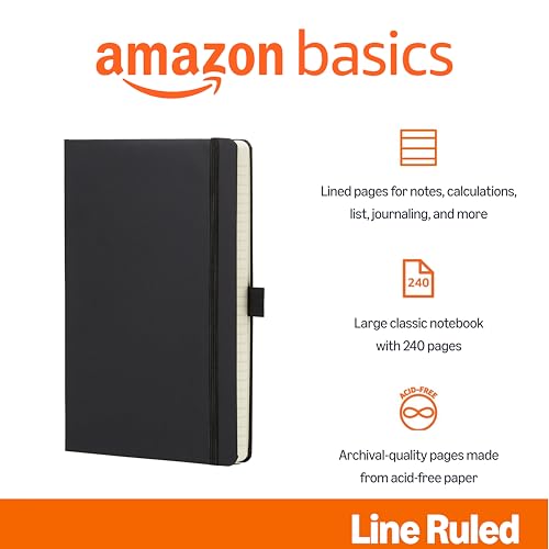 Image of Amazon Basics Classic Lined Notebook, Hardcover, 240 Pages, Pen Holder, 5 inch x 8.25 inch, Black, 24 Pack, Unbranded (MOD SKU: NH130210120V-R)