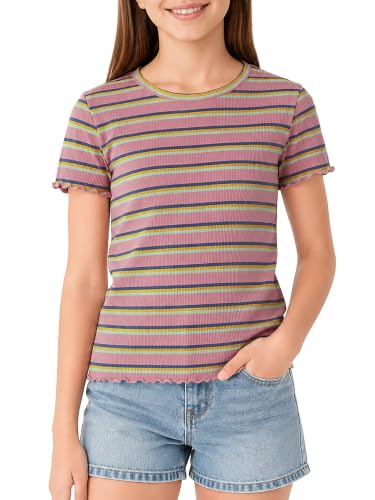 Image of Girls Striped T-Shirt Lettuce Trim Short Sleeve Top Size 6-16 | Soft stretch ribbed knit fabric, breathable blouse,summer outfit for big girls & teen, for school, party and daily activity