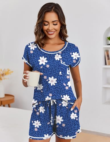 Image of Ekouaer Womens Pajama Sets 2 Piece Soft Short Sleeve Top and Shorts Sleepwear Round Neck Pjs Lounge Set with Pockets